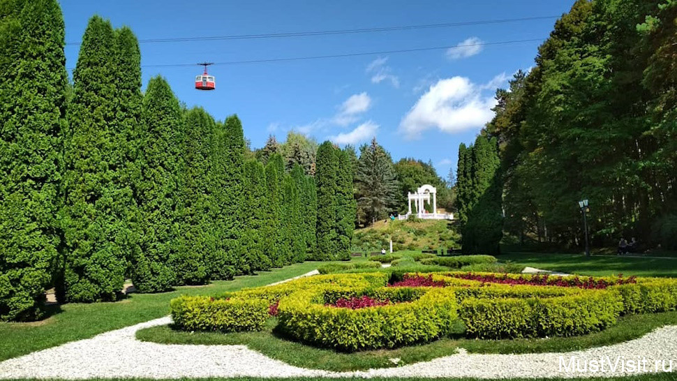 Курортный парк Кисловодска, канатная дорога над парком, клумба - Макси-Роза.